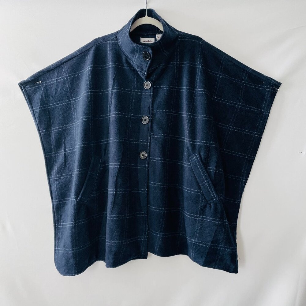 NWT Le Moda Womens Navy Windowpane Plaid Button Front Cape Wrap Poncho One Size